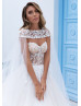 Ivory Lace Tulle Sheer Corset Wedding Dress With Cape